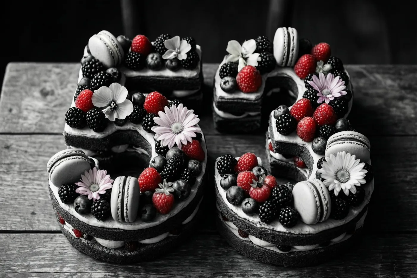 Twee taartstukken vormen 53 op een houten oppervlak, met bessen, macarons en eetbare bloemen waarvan de rode bessen en bloemen in kleur afsteken tegen het zwart-witbeeld.