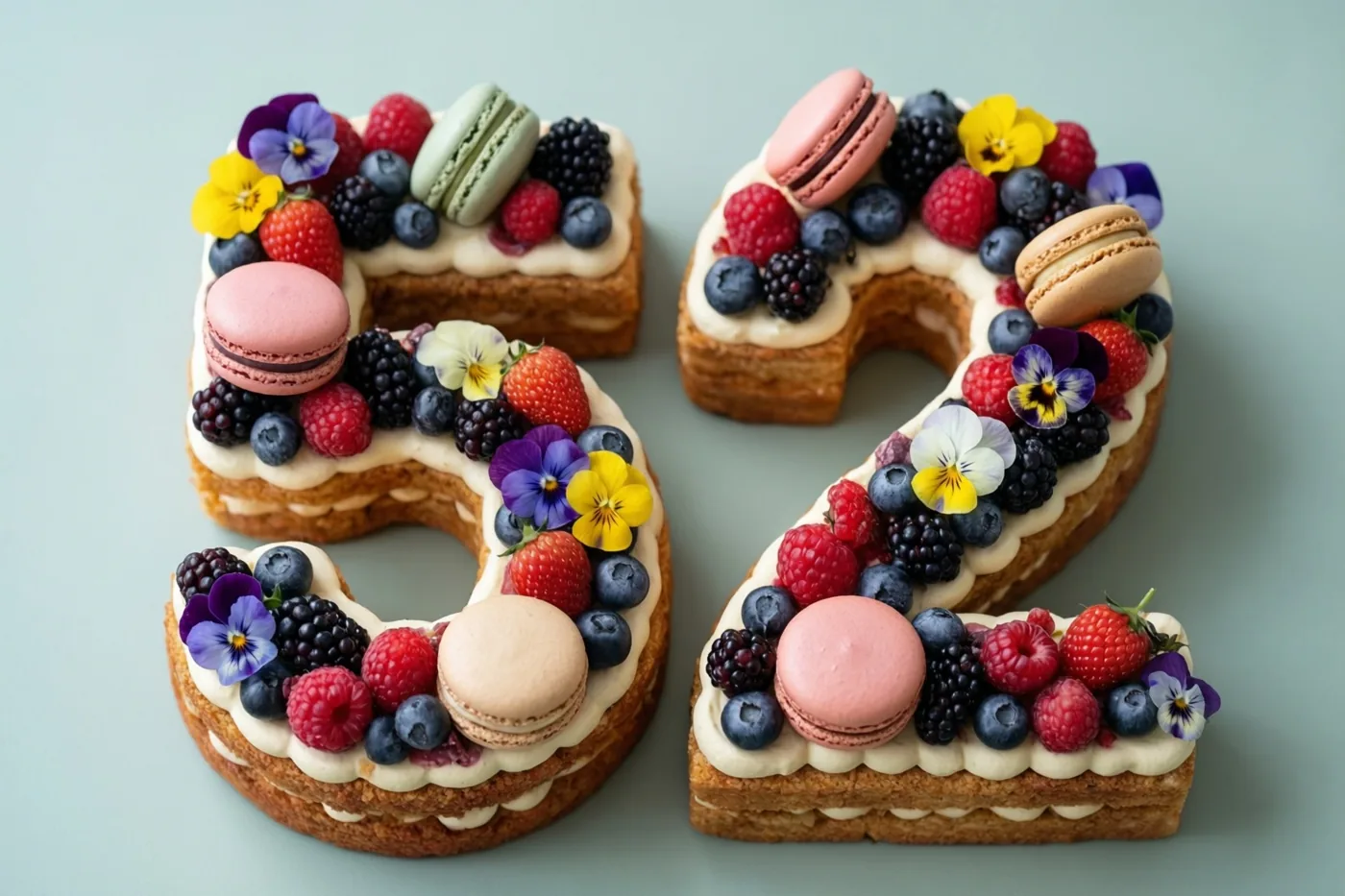 Twee stukken taart in de vorm van 5 en 2 zijn versierd met bessen, macarons en eetbare bloemen tegen een effen lichtblauwe achtergrond.