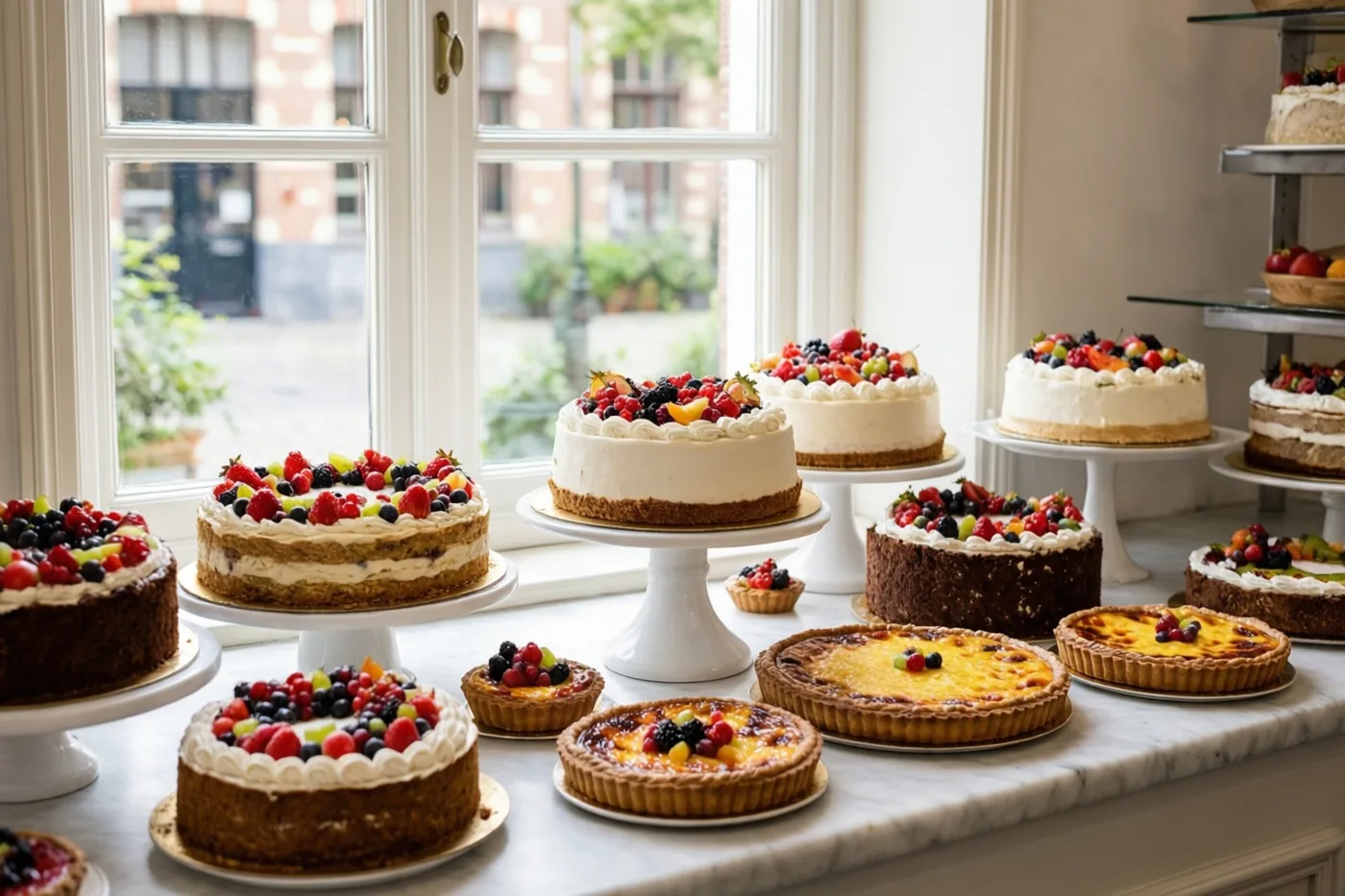 Taarten en fruittaartjes staan op witte taartstandaards en borden in een bakkerijraam met natuurlijk daglicht.