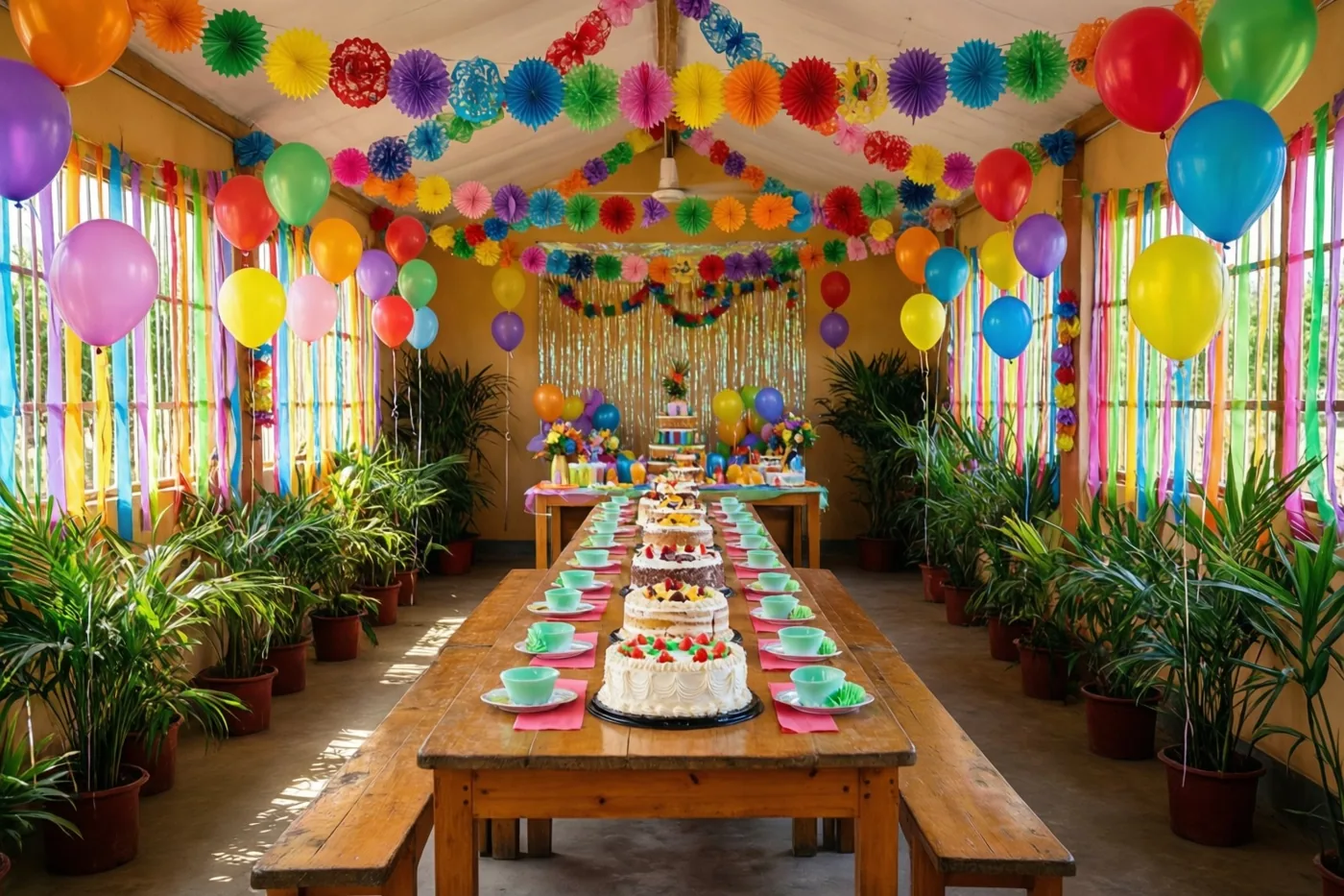 Een lange houten tafel met verschillende taarten en kopjes staat in een dorpszaal met kleurrijke papieren slingers, ballonnen en potplanten.