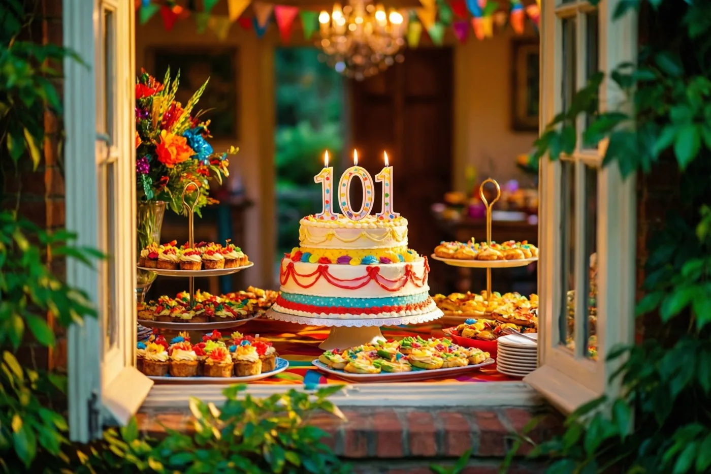Door een open raam zie je een feestelijk buffet met een stapeltaart, brandende kaarsen, een papieren versiering met 101, bloemen, kleurrijke decoratie en gebak.