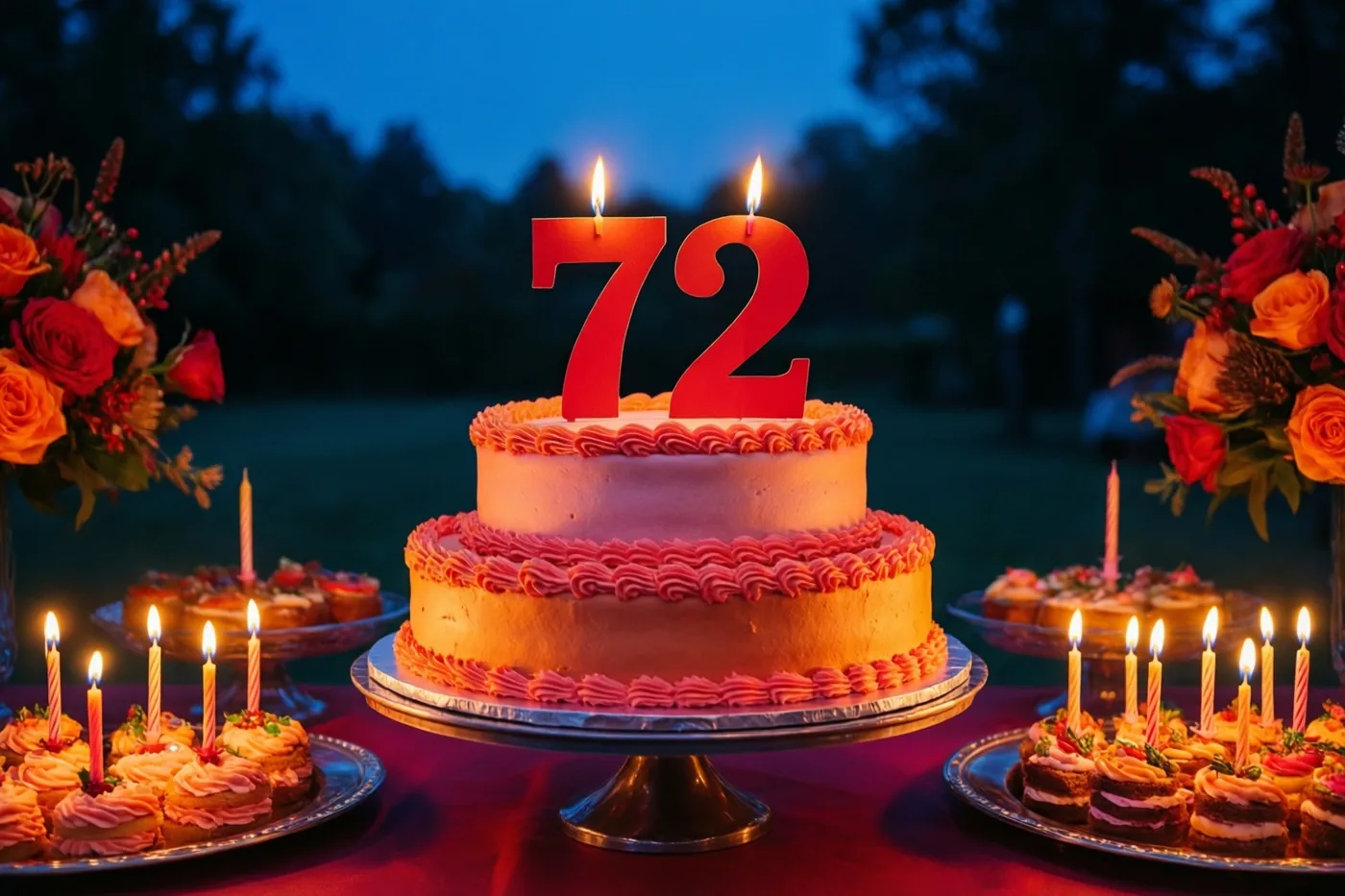 Een taart met verdiepingen, een rode versiering met 72 en brandende kaarsen staat op een rood tafelkleed tussen desserts en bloemstukken onder een schemerlucht.