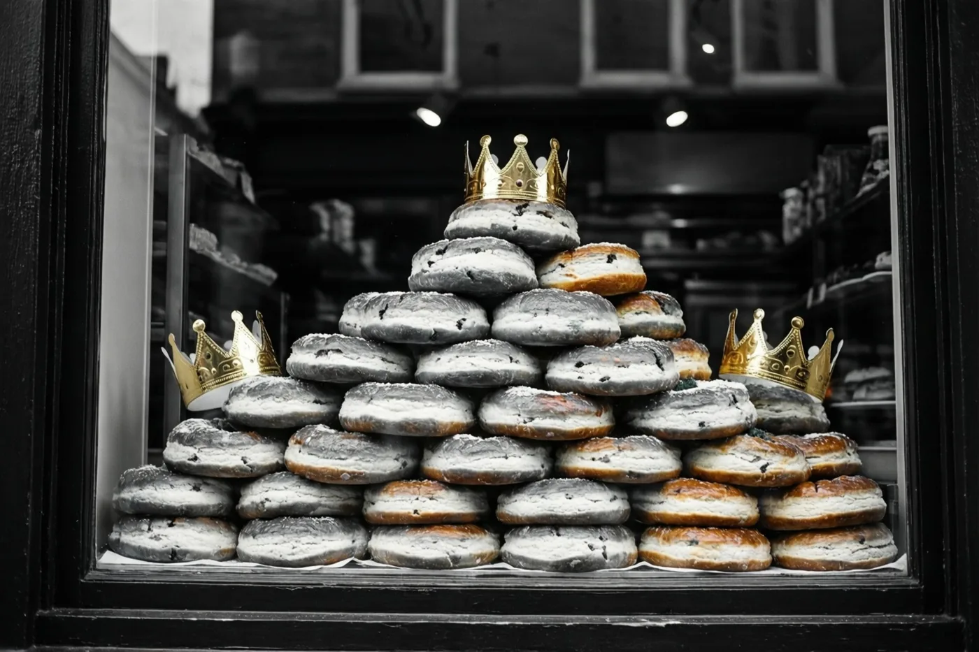 Een piramide van driekoningentaarten met bloemsuiker en gouden papieren kronen staat in een bakkersetalage, met de taarten en kronen in kleur tegen een zwart-witte achtergrond.