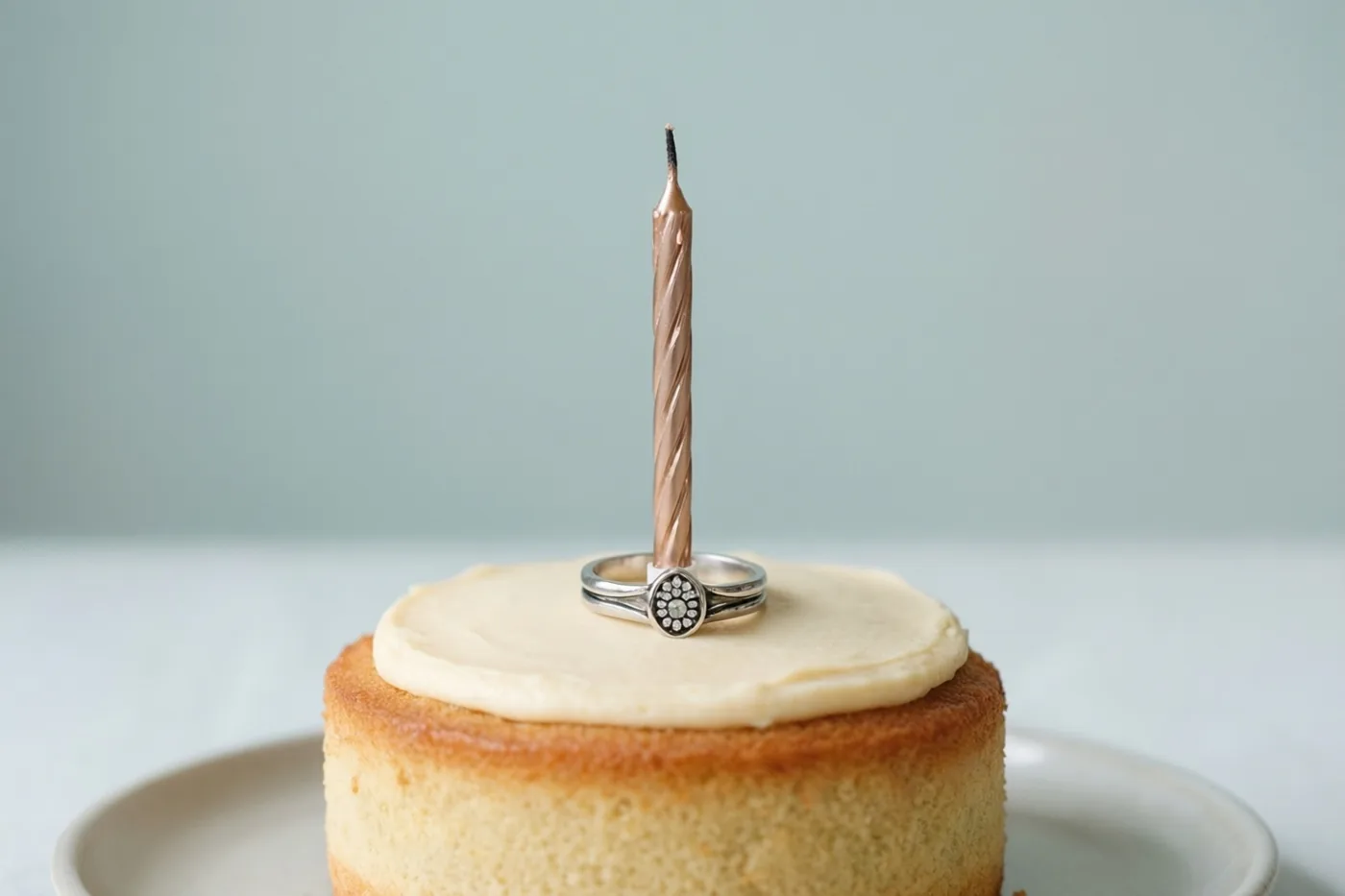 Een klein taartje met wit glazuur, een roségouden kaars en een zilveren ring met een groepje diamanten staat op een wit bord tegen een lichtblauwe achtergrond.