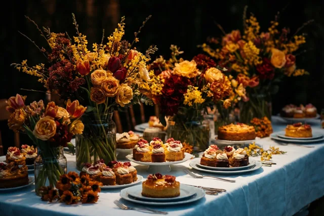 Een lange tafel met een wit en lichtblauw tafelkleed draagt kleine taartjes en kleurrijke lentebloemen in glazen vazen, in warm licht tegen een donkere achtergrond.