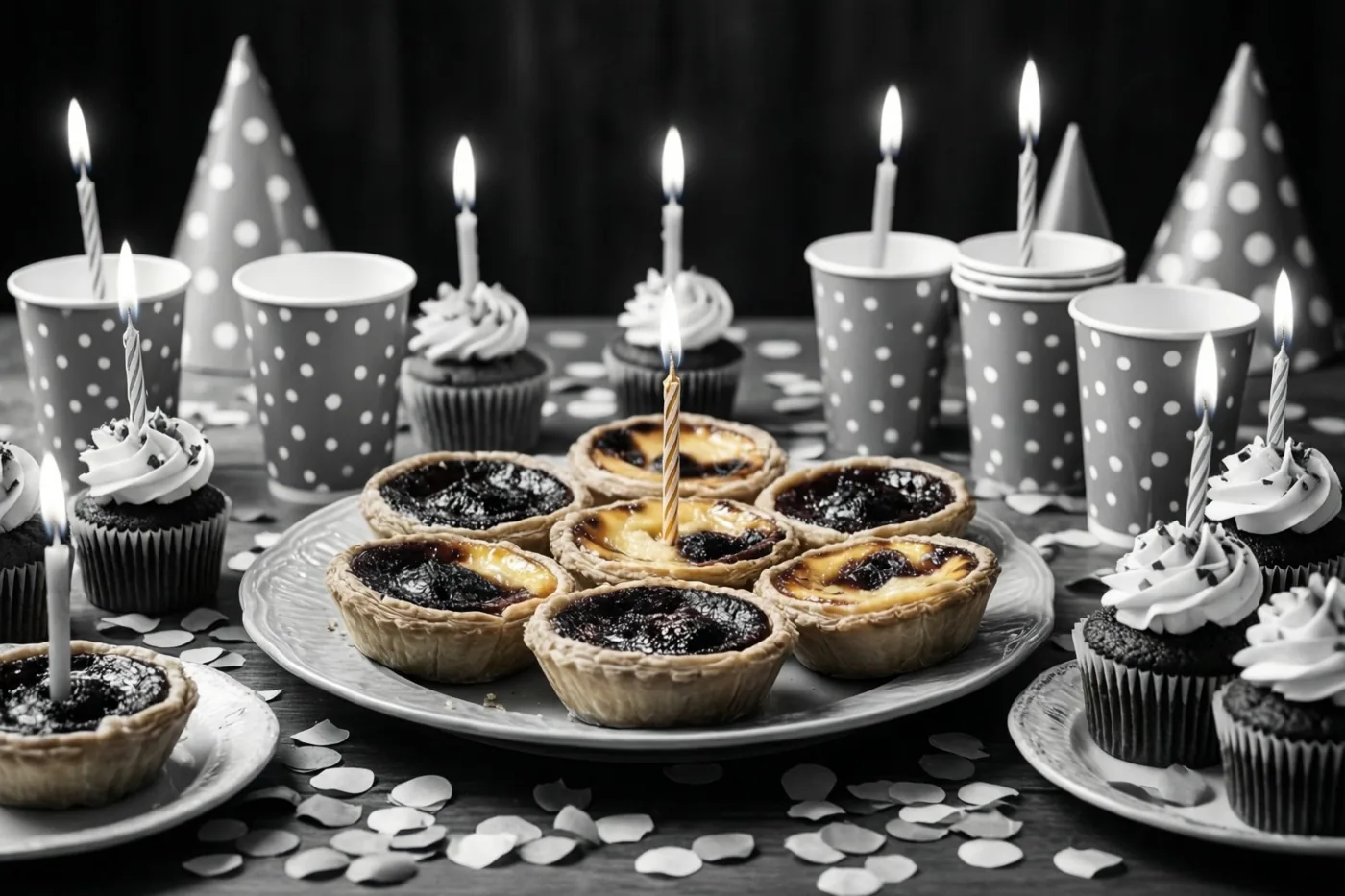 Een zwart-witfoto toont confituurtaartjes en cupcakes met brandende kaarsjes op een feesttafel tussen papieren bekers, feesthoedjes en confetti.