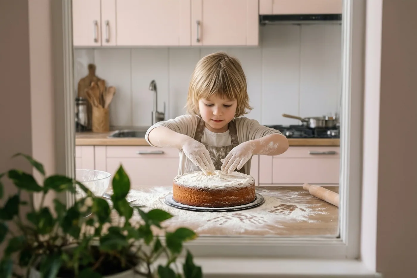 Door een raam is een jong kind met bloem op de handen te zien dat een taart versiert op een met bloem bestoven werkblad in een lichte keuken met zachtroze kasten en groen op de voorgrond.