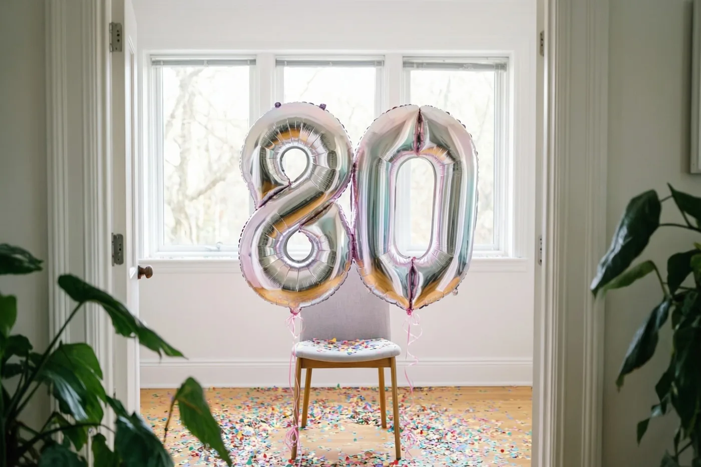 Zilveren en pastelkleurige cijferballonnen vormen 80 aan een stoel in een lichte kamer met confetti op de vloer, omlijst door deuropeningen en kamerplanten.