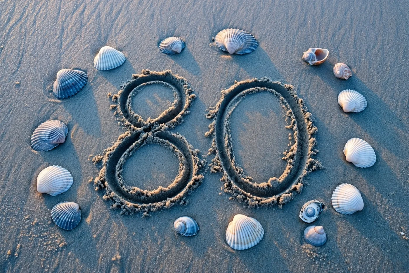 Het getal 80 is in het zand op een strand getekend, met verspreide schelpen eromheen in het warme, gouden licht van de ondergaande zon.