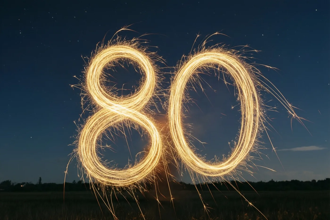 Gouden lichtsporen van sterretjes vormen 80 onder een diepblauwe sterrenhemel boven een open veld met een verre bomenrij.