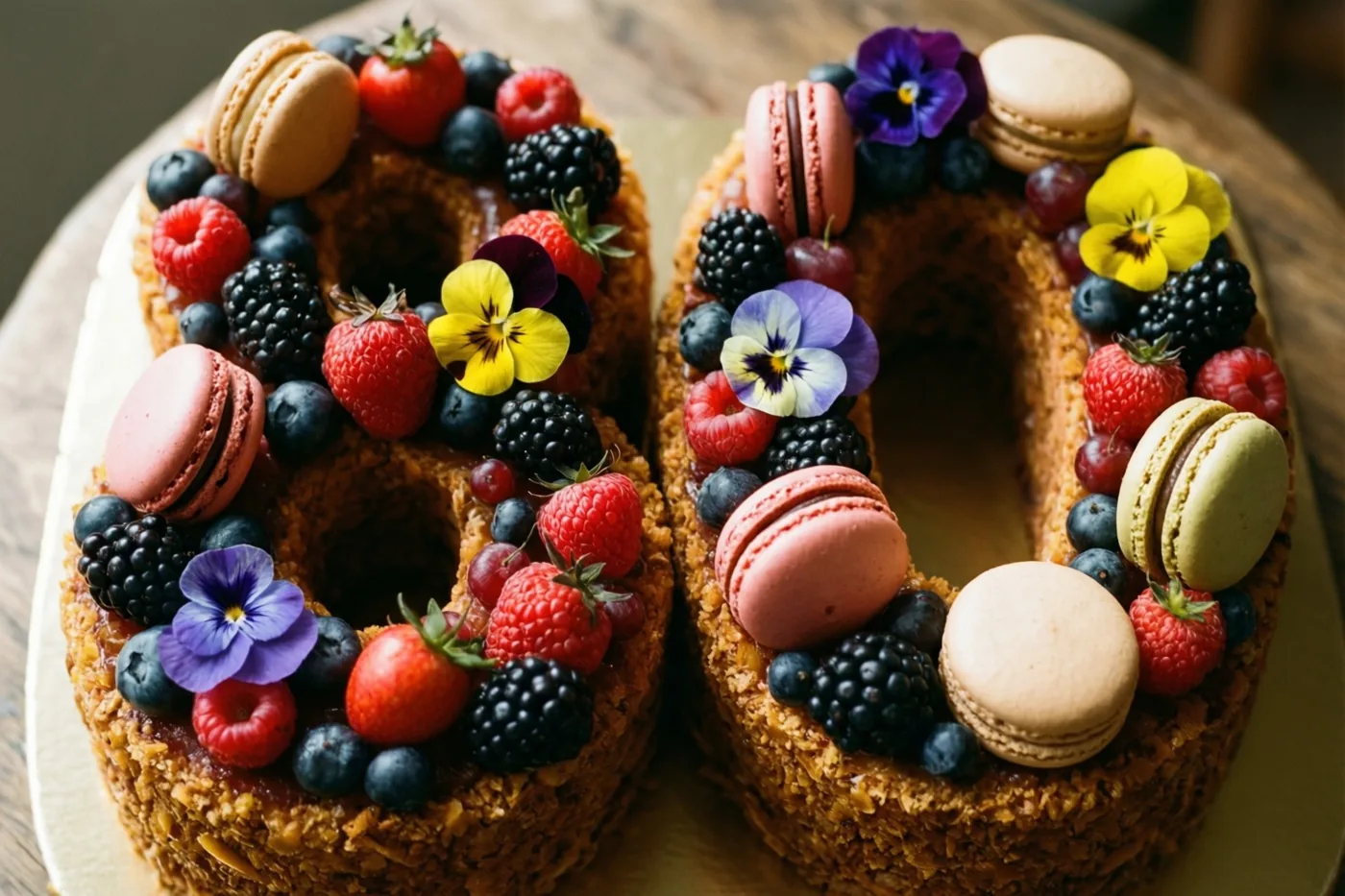 Een taart in de vorm van 80 met aardbeien, frambozen, bramen, blauwe bessen, macarons en eetbare bloemen staat op hout in warm licht tegen een wazige achtergrond.