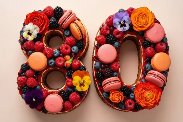 Van bovenaf is een taart in de vorm van 80 te zien met frambozen, bramen, blauwe bessen, macarons en eetbare bloemen tegen een effen beige achtergrond.