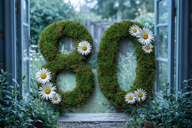 Door een open raam is het getal 80 van groen mos met witte madeliefjes te zien, tegen een landelijke tuinachtergrond met een houten pad en gebladerte in koele blauwgroene tinten.