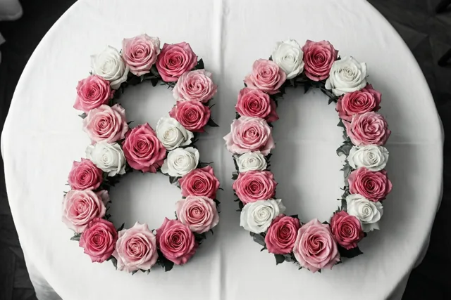 Van recht bovenaf zijn roze en witte rozen te zien die 80 vormen op een wit tafelkleed.