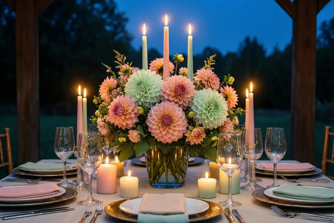 Een buiten gedekte eettafel met een bloemstuk van dahlia’s en meerdere brandende kaarsen staat onder een donkerblauwe schemerlucht.