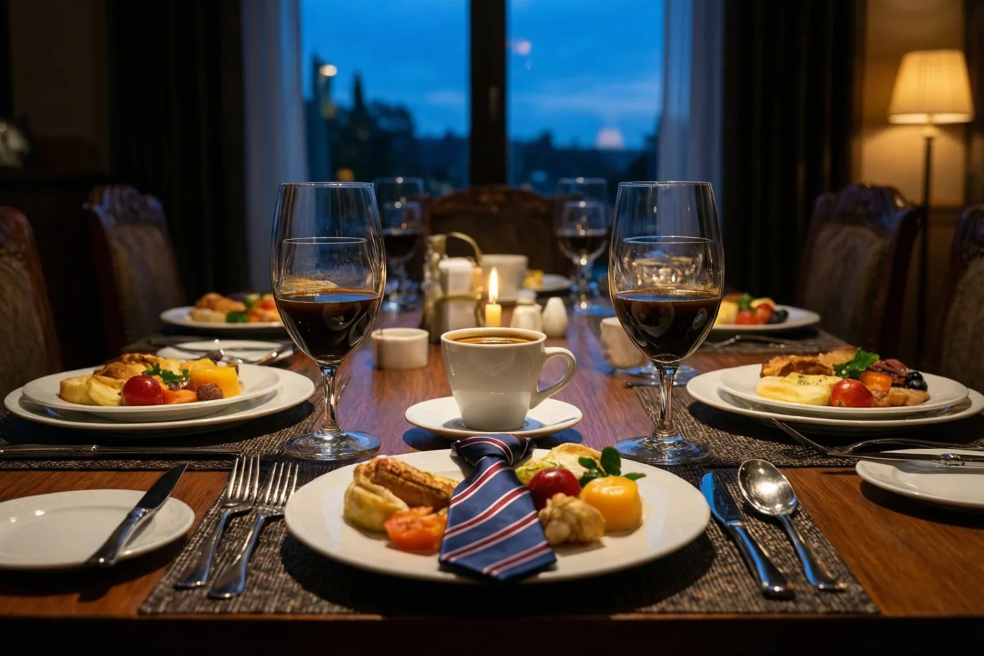 Een ontbijttafel voor twee is gedekt met eten, wijnglazen en een wit espressokopje, met een blauw-rood gestreepte das op een bord en stadszicht door grote ramen in de schemering.