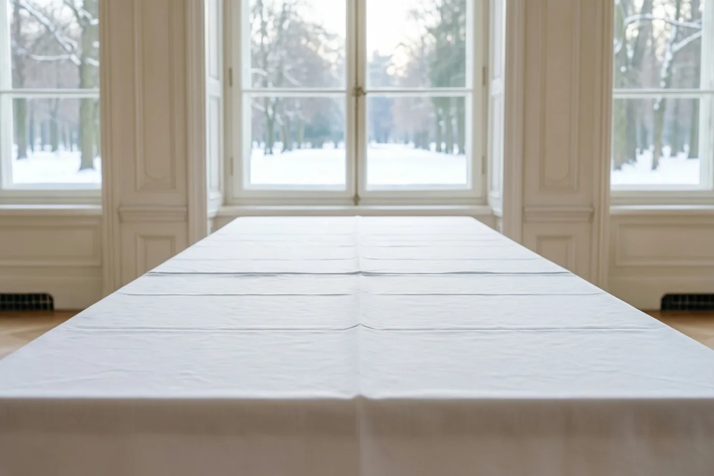 Een lange tafel met wit linnen staat midden in een landhuiskamer met grote ramen die uitkijken op besneeuwde bomen en grond.