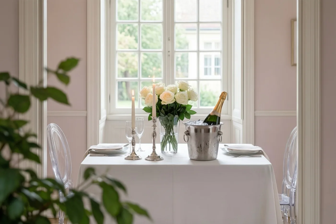 Voor een groot raam staat een gedekte tafel voor twee met witte rozen in een vaas, zilveren kandelaars met brandende kaarsen en een champagnefles in een ijsemmer, in een kamer met zachtroze muren en witte afwerking.
