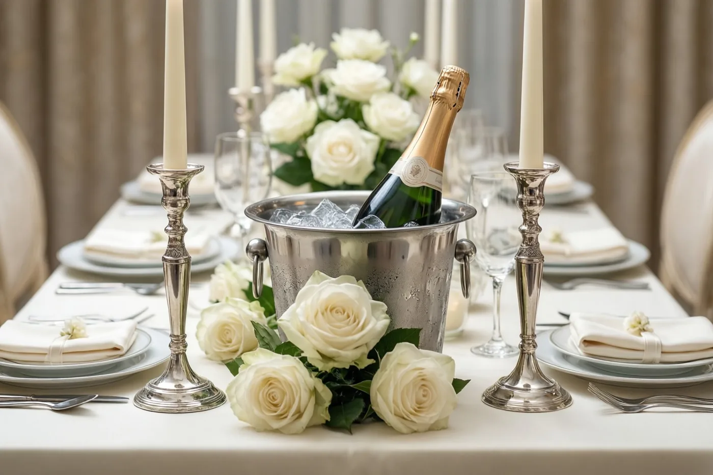 Een elegant gedekte tafel voor twee met zilveren kandelaars, witte rozen en een champagnefles in een ijsemmer staat tegen een zachte, neutrale achtergrond.