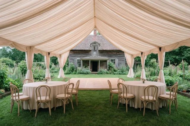 Een feesttent met ronde tafels en een dansvloer staat naast een oude hoeve in zacht daglicht en beige en groene tinten.