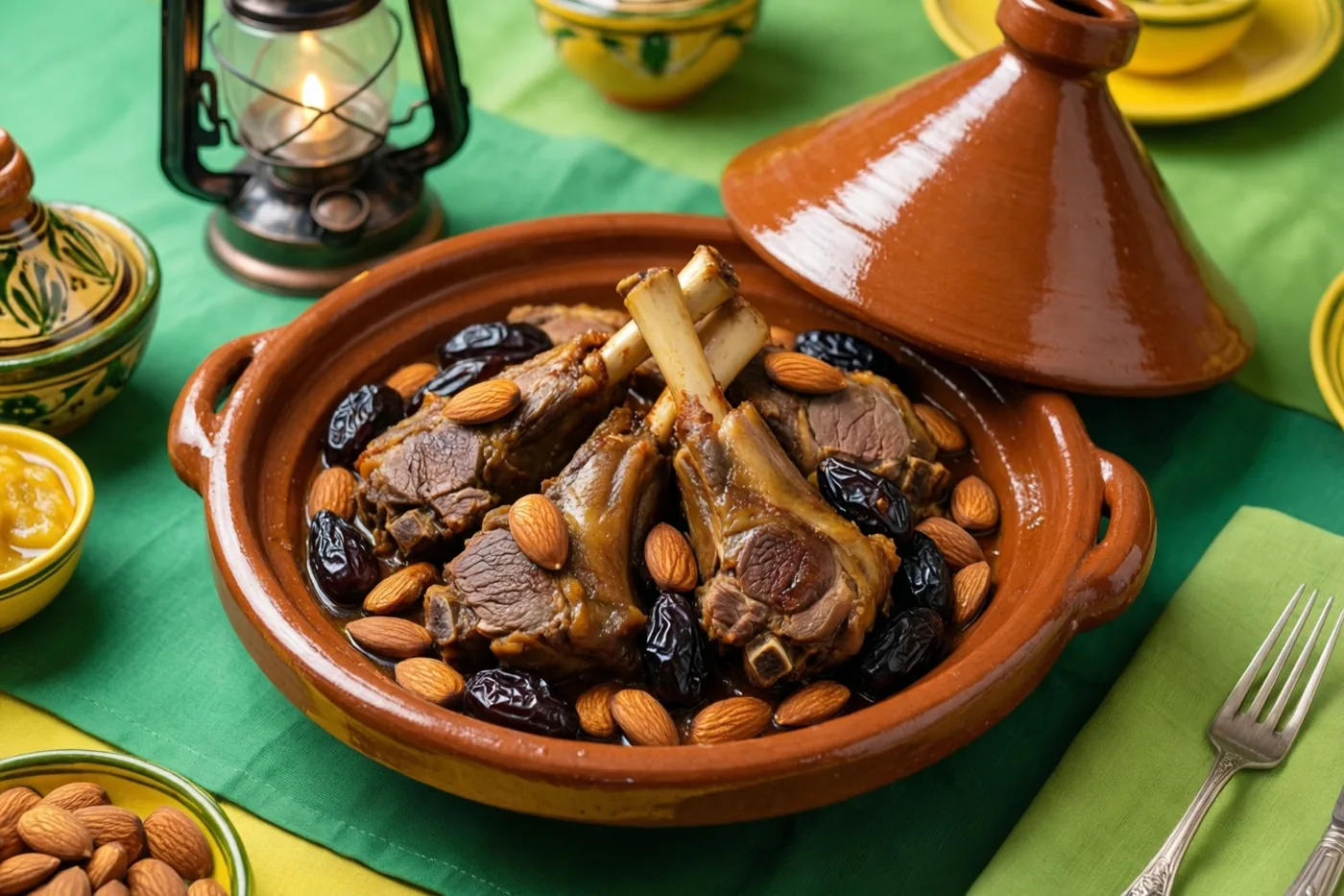 Een aardewerken tajine met langzaam gegaard lamsvlees, pruimen en amandelen staat op een feesttafel met groen en geel servies, verlicht door een brandende lantaarn.