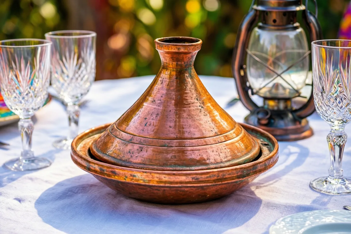 Een koperen tajine staat buiten op een wit linnen tafelkleed tussen kristallen glazen en een oude maansikkellantaarn, met een onscherpe groen-gele achtergrond.