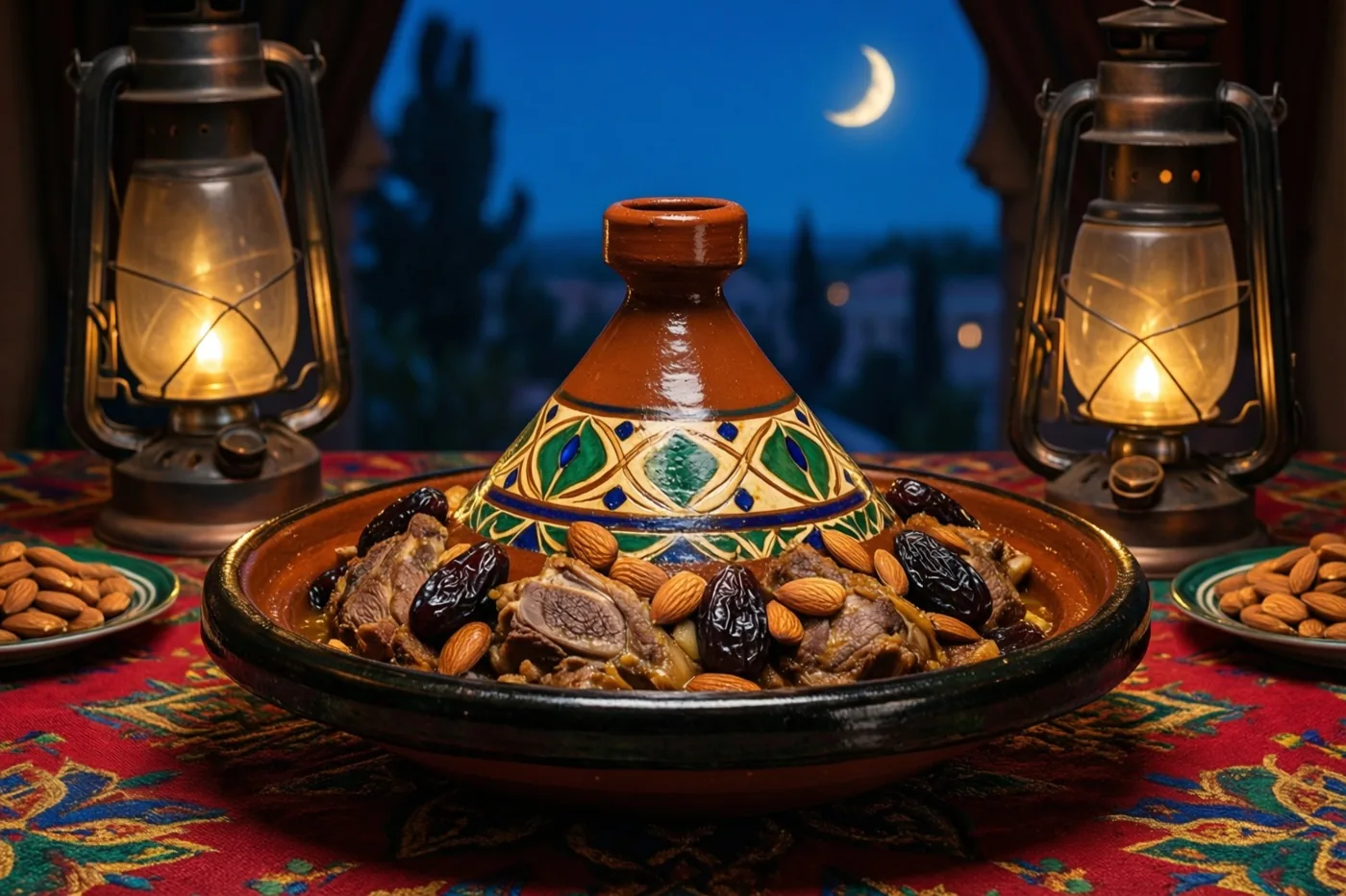 Een aardewerken tajine met langzaam gegaard lamsvlees, pruimen en amandelen staat tussen twee brandende lantaarns op een kleurrijk tafelkleed onder een nachtelijke hemel met een maansikkel.