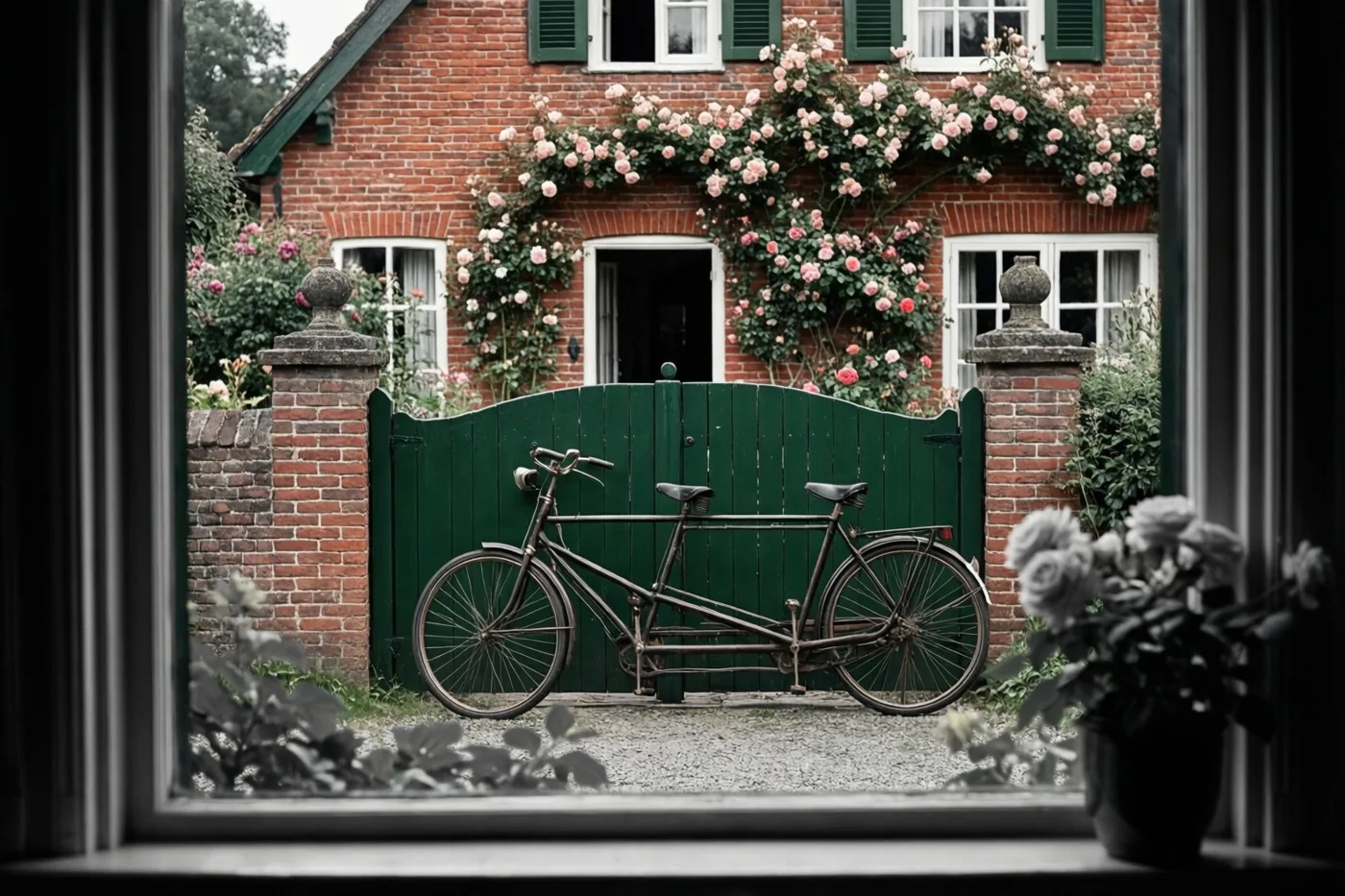 Door een raam is een oude tandem te zien voor een groene poort bij een rode bakstenen hoeve, met roze klimrozen tegen de muur.