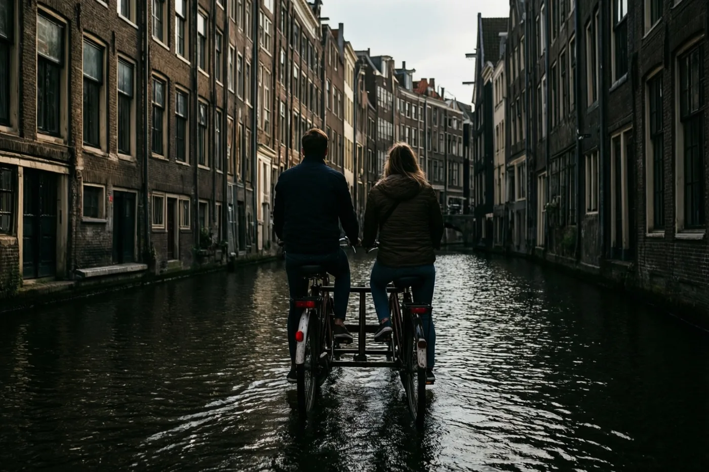 Twee mensen rijden van de kijker weg op een tandem langs een smal kanaal tussen oude bakstenen gebouwen met veel ramen in gedempte kleuren.