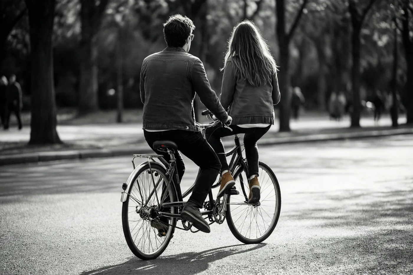 Twee mensen rijden van de camera weg op een tandem over een verhard parkpad, waarbij de achterste fietser de voeten van de pedalen houdt op deze zwart-witfoto.