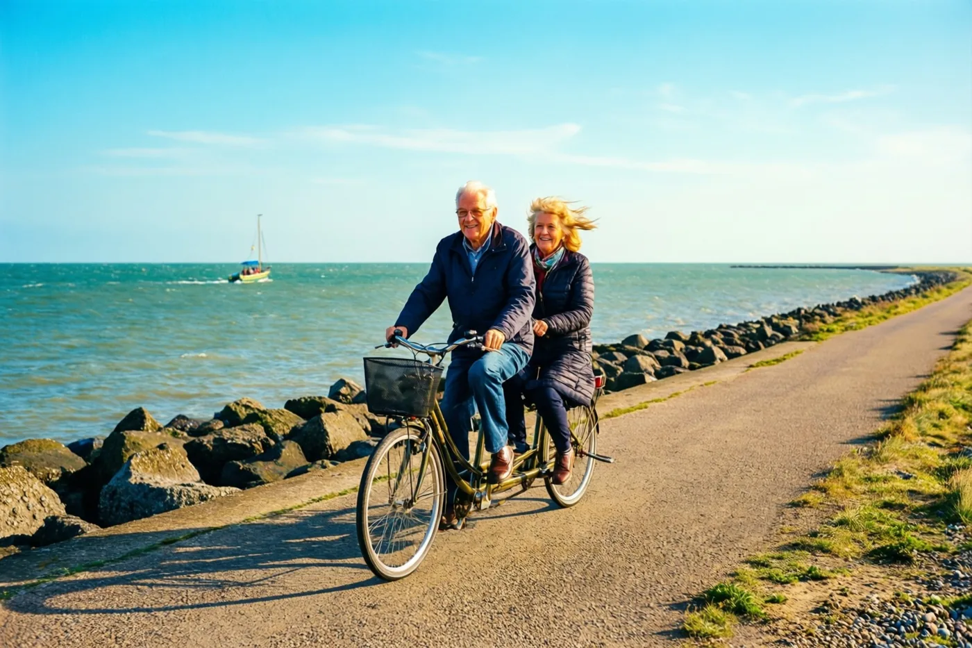 Een ouder koppel rijdt op een tandem over een verharde zeedijk op een zonnige dag, met de zee en een zeilboot in de verte op de achtergrond.