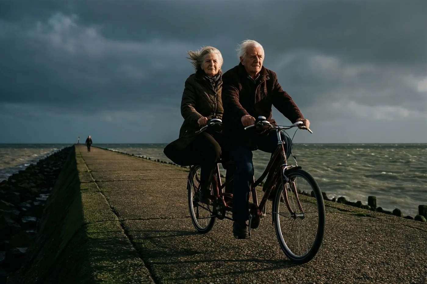 Een ouder koppel rijdt op een tandem over een betonnen zeedijk onder een donkere, bewolkte hemel, in gedempte bruine, grijze en donkergroene tinten.