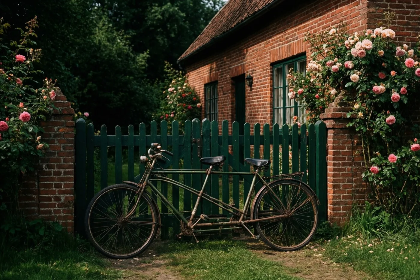 Een oude tandem staat voor een groene houten poort bij een rode bakstenen hoeve, met roze klimrozen op bakstenen pijlers in een weelderige tuin.
