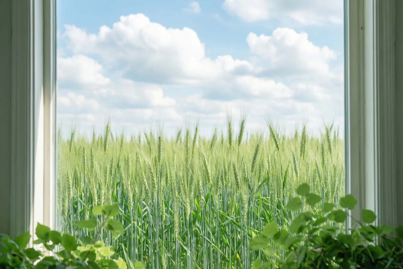 Door een raam met ruiten is een veld jonge groene tarwe onder een blauwe hemel met witte wolken te zien, met groen op de voorgrond.