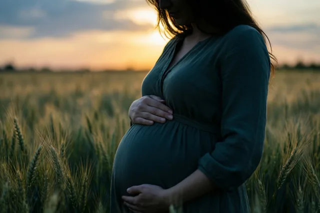 Een zwangere vrouw staat met haar handen op haar buik in een tarweveld bij zonsondergang, met haar gezicht in de schaduw en gouden en oranje tinten onder een schemerige hemel.