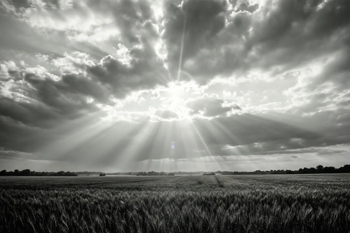 Een zwart-witfoto toont een uitgestrekt tarweveld onder een wolkenlucht waar zonnestralen doorheen breken.