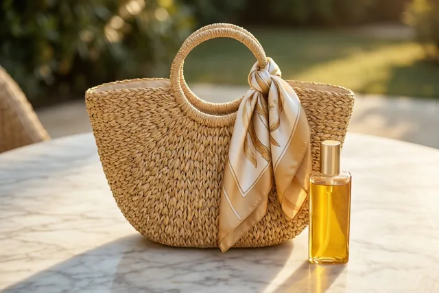 Een gevlochten strooien tas met een zijden sjaal aan het handvat staat naast een fles zonneolie op een marmeren terras in warm zonlicht, met beige, crème en goudgele tinten.