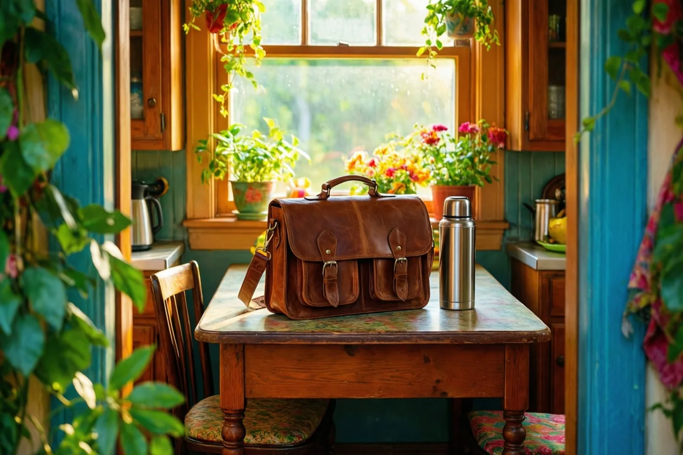 Een bruine leren schoudertas en een roestvrijstalen thermosfles staan in de ochtendzon op een houten tafel in een retrokeuken met blauwe muren, houten kasten, planten en bloemen.