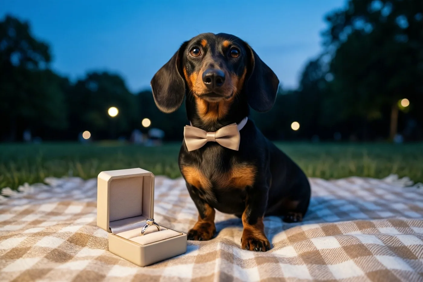 Een teckel met een lichtgekleurd strikje zit op een geruit picknickdeken naast een open ringdoosje, buiten in de schemering met een blauwe hemel en onscherpe lichtjes op de achtergrond.
