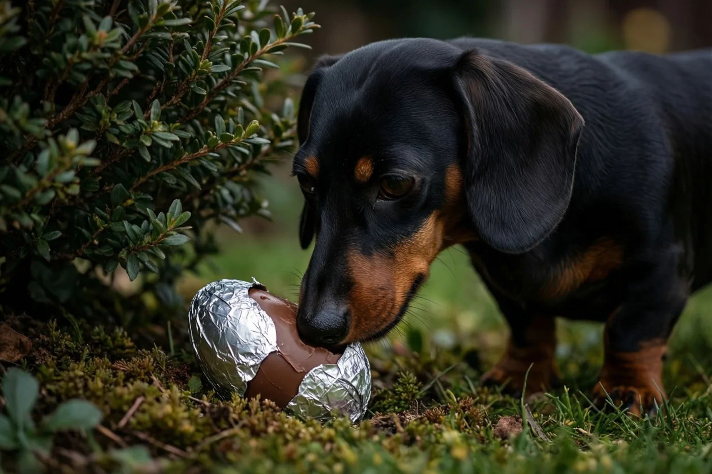 Een zwartbruine teckel raakt met zijn neus een chocolade-ei in folie aan op een mossige ondergrond bij een groene struik.