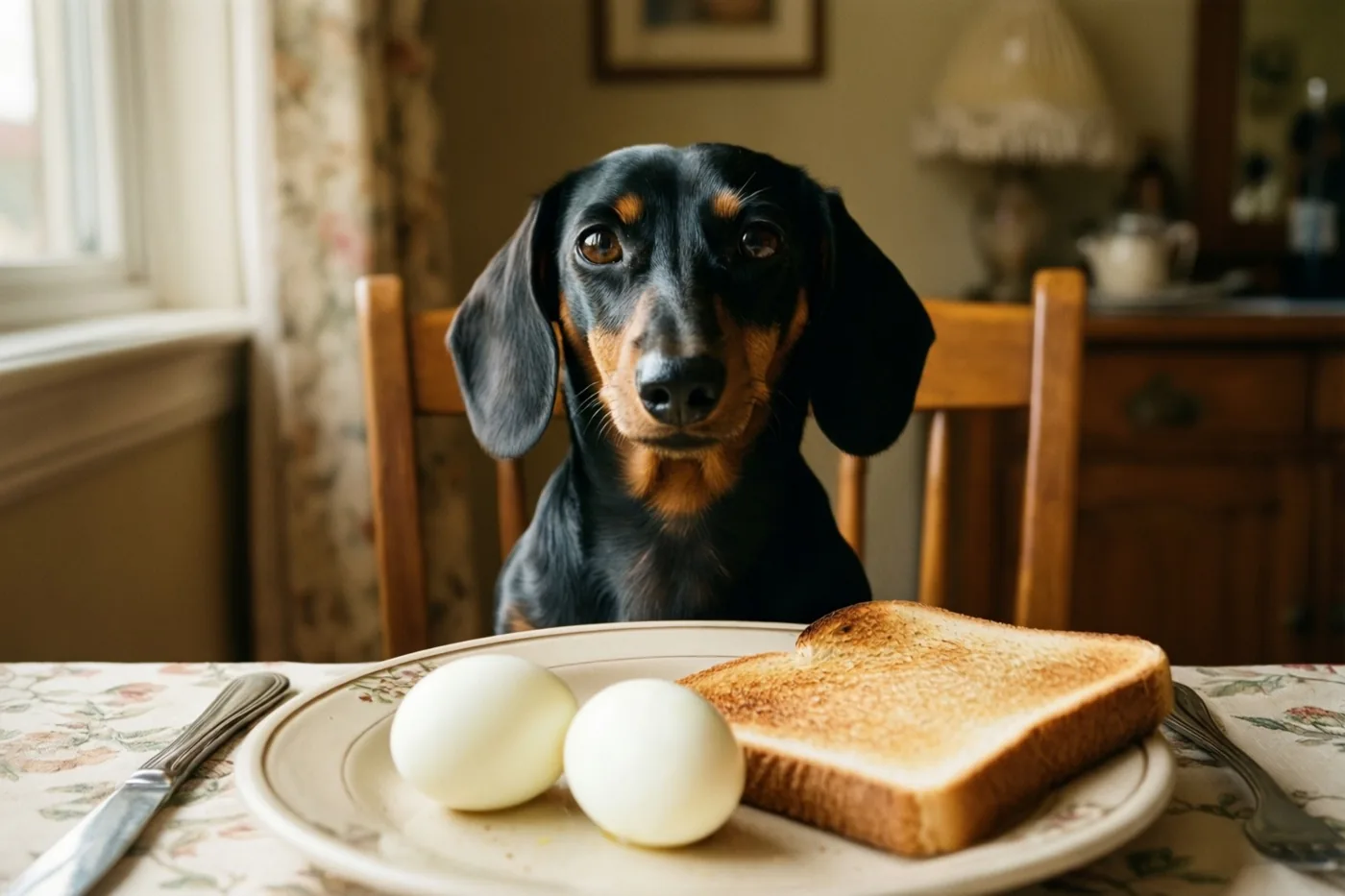 Een zwartbruine teckel kijkt verwachtingsvol naar een bord met twee gekookte eieren en een snee toast aan een tafel met een gebloemd tafelkleed in een warm verlichte kamer met houten meubels.