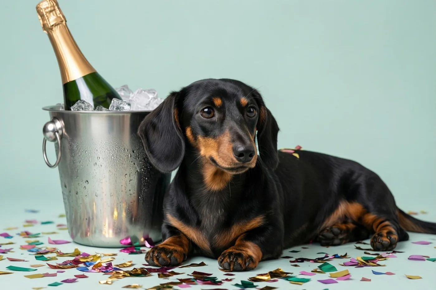 Een zwartbruine teckel ligt op een lichtblauwe ondergrond met kleurrijke confetti naast een zilveren ijsemmer met een champagnefles, tegen een effen lichtblauwe achtergrond.
