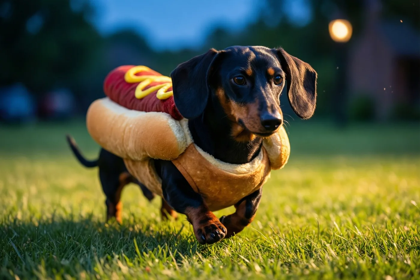 Een teckel in een kostuum in de vorm van een hotdogbroodje draaft over een gazon in warm avondlicht onder een blauwe lucht.