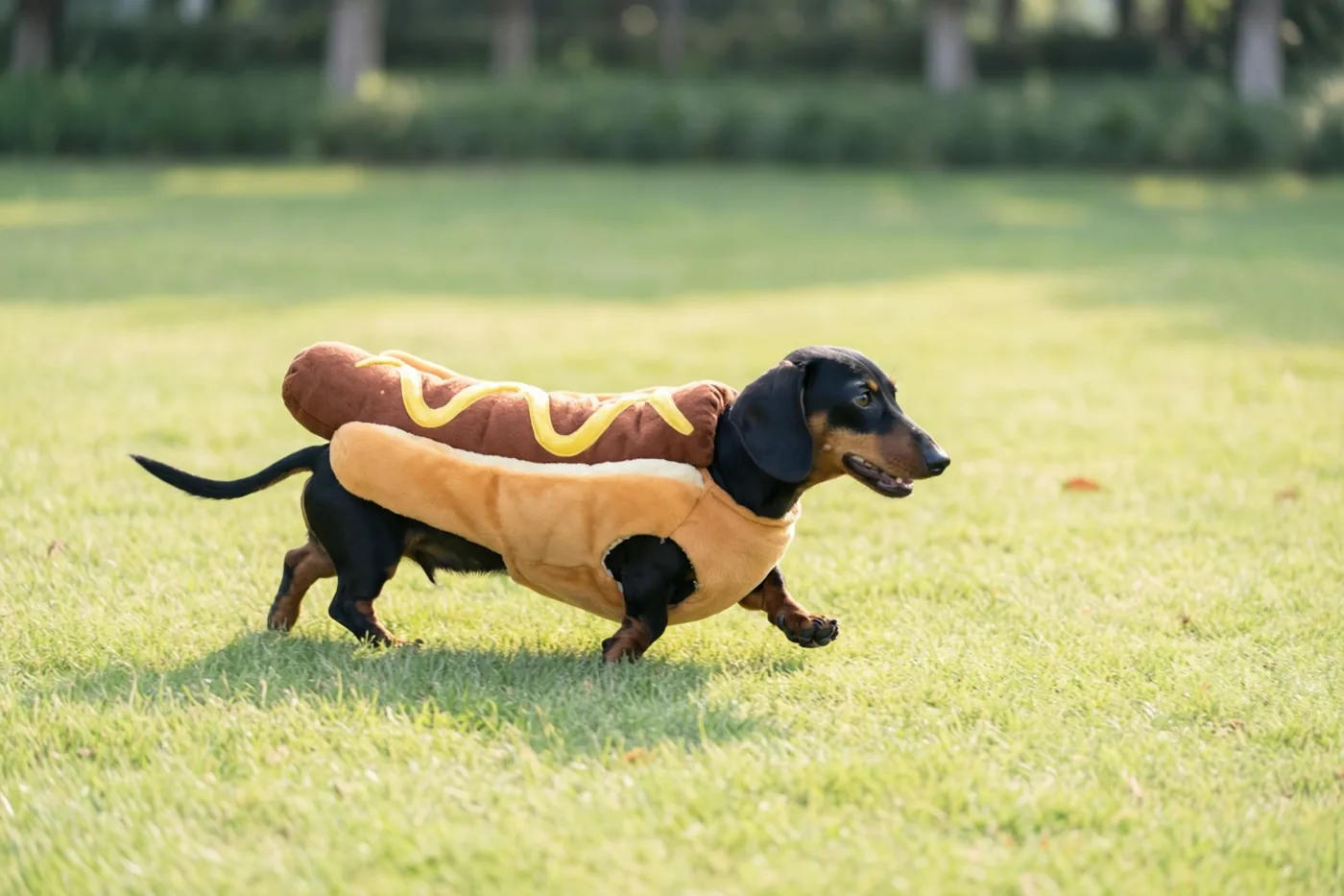 Een zwartbruine teckel in een kostuum in de vorm van een hotdogbroodje draaft over een zonnig groen gazon.