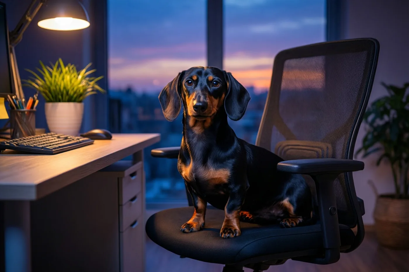 Een zwartbruine teckel zit rechtop op een zwarte ergonomische bureaustoel aan een houten bureau, met een warme bureaulamp en een stad in de schemering achter het raam.