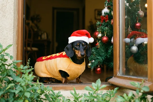 Teckel in zijn kerstbest