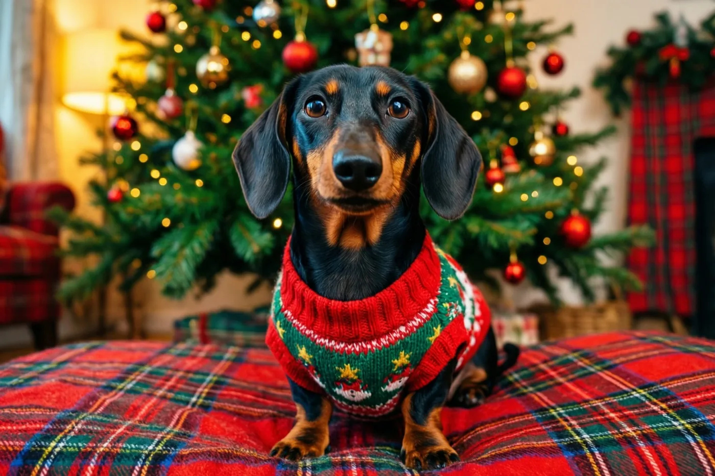 Een teckel met een rood-groene gebreide kersttrui zit op een rood, groen en blauw geruite deken voor een kerstboom met lichtjes en versiering.