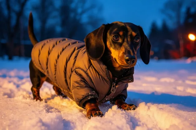Teckel op winterse avondronde