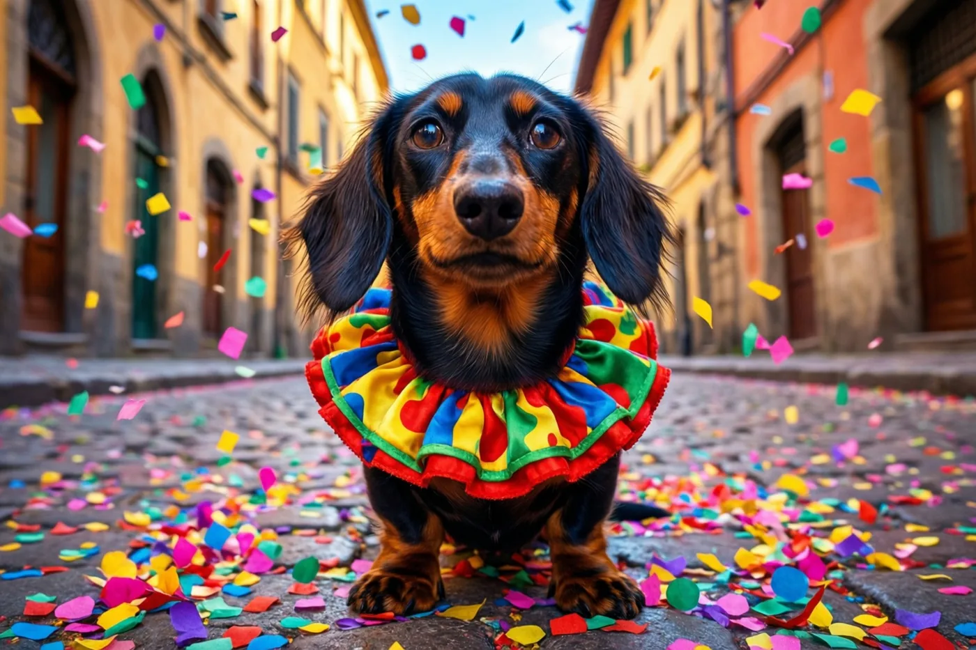 Een teckel met een kleurrijke clownskraag staat op kasseien vol confetti in een smal straatje met gebouwen aan weerszijden onder een heldere hemel.
