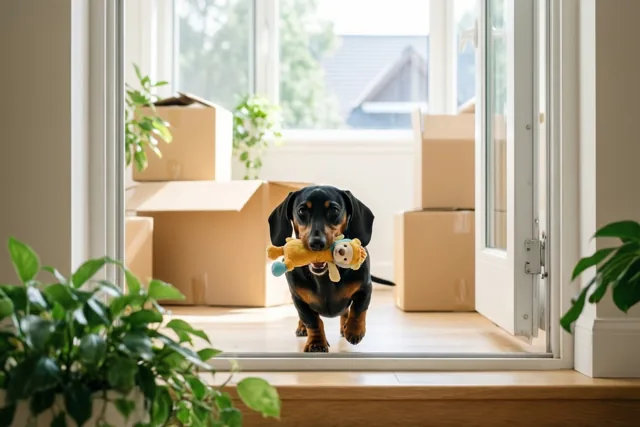 Teckel stapt zijn thuis binnen